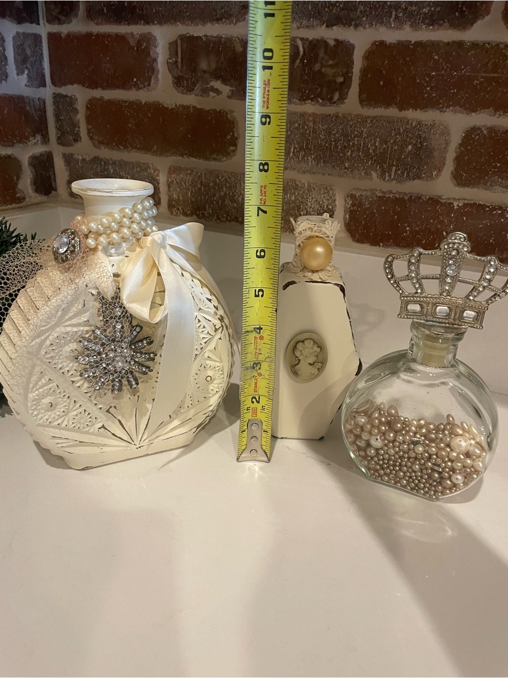Decorative Cream Glass Bottles Set with Pearl and Crown Accents - Picture 2 of 3